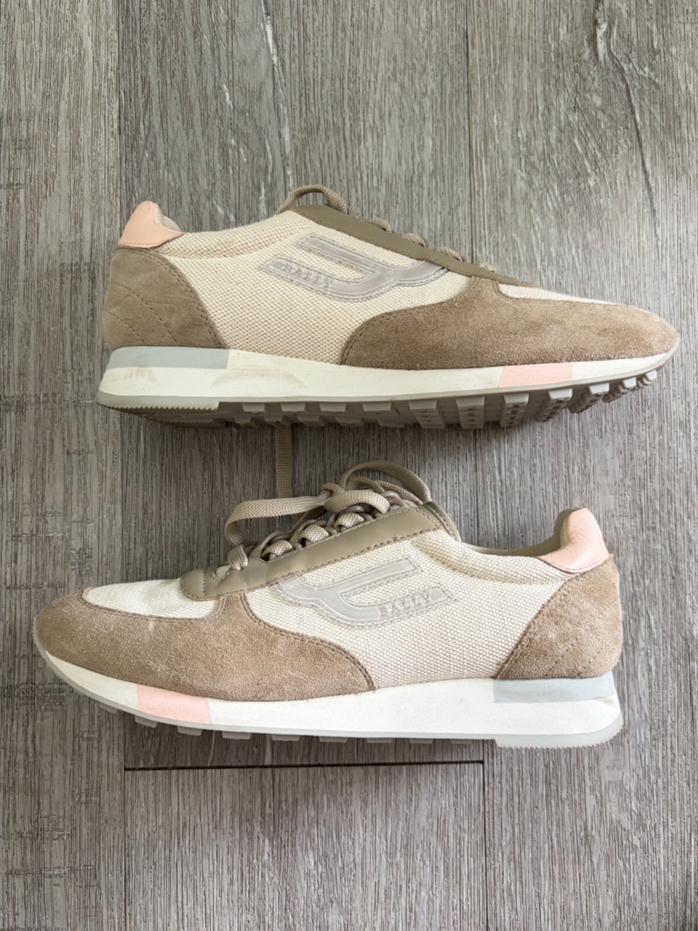 Bally Gavin- T Neutral Beige Suede & Canvas Sneakers with Pink Accent